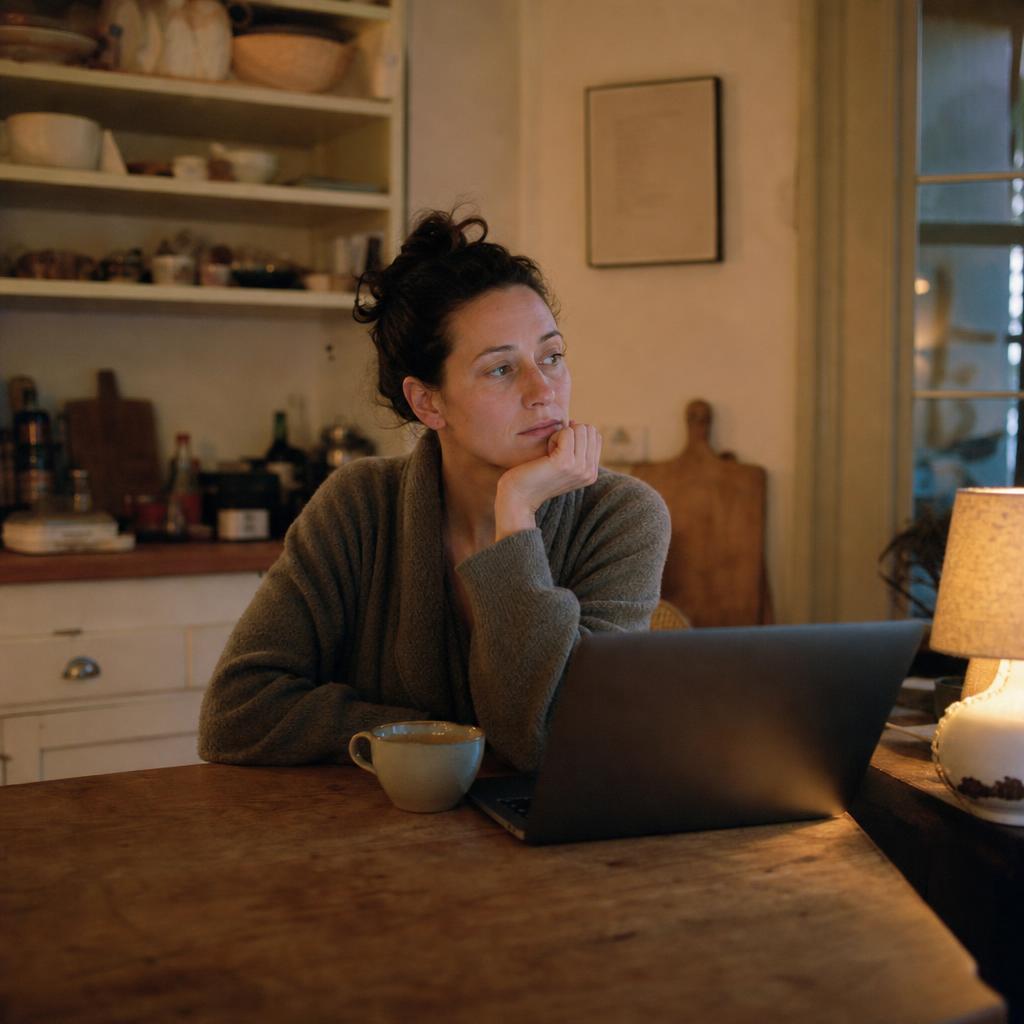 A woman at her kitchen table with a laptop, thoughtful