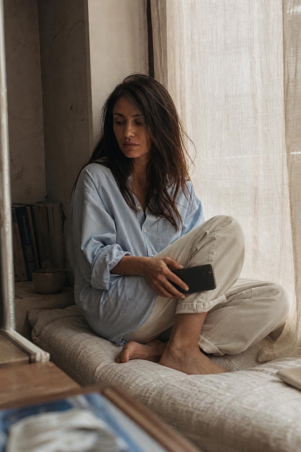A woman resting peacefully by a sunlit window — calm, protected, private
