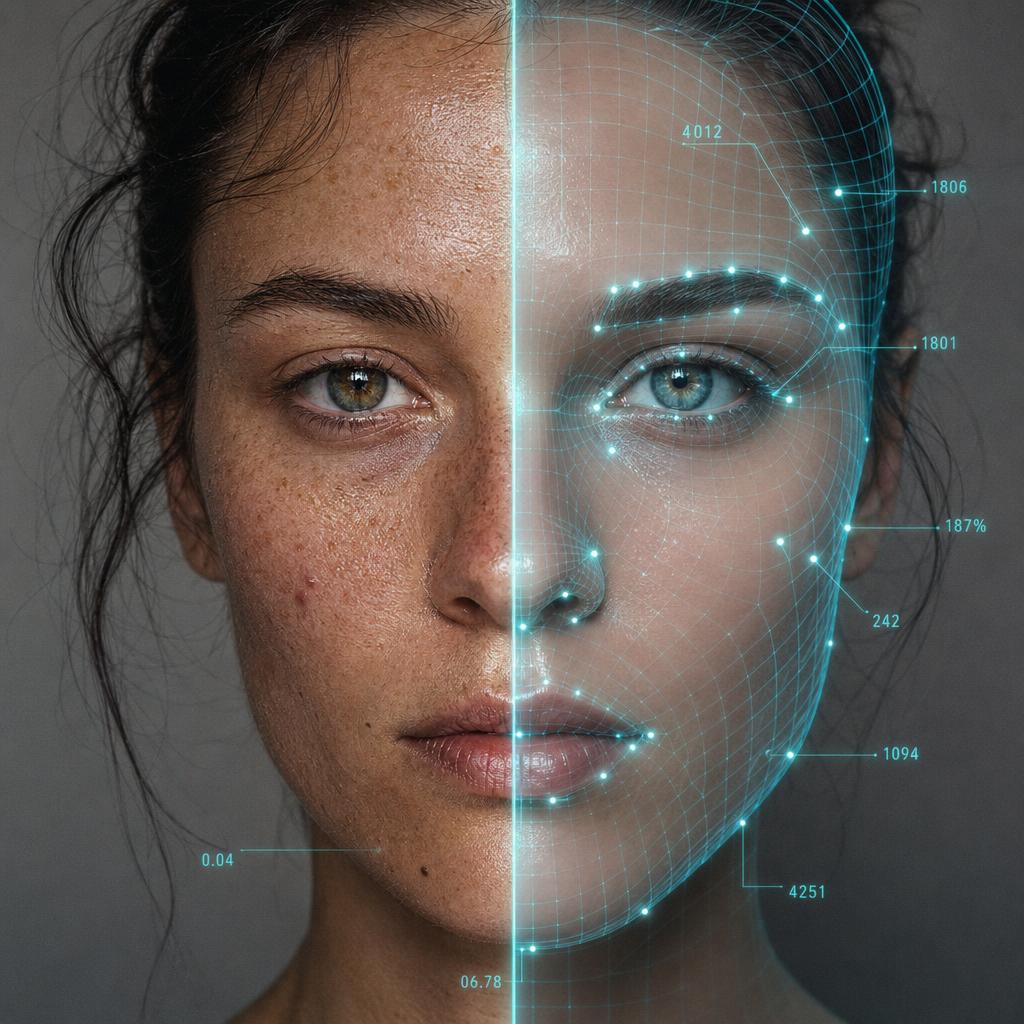 A portrait split between a natural, untouched face and a digitally edited version with subtle UI overlays